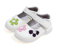 Children's leather princess shoes with velcro strap and embroidery detail, shown in pink.