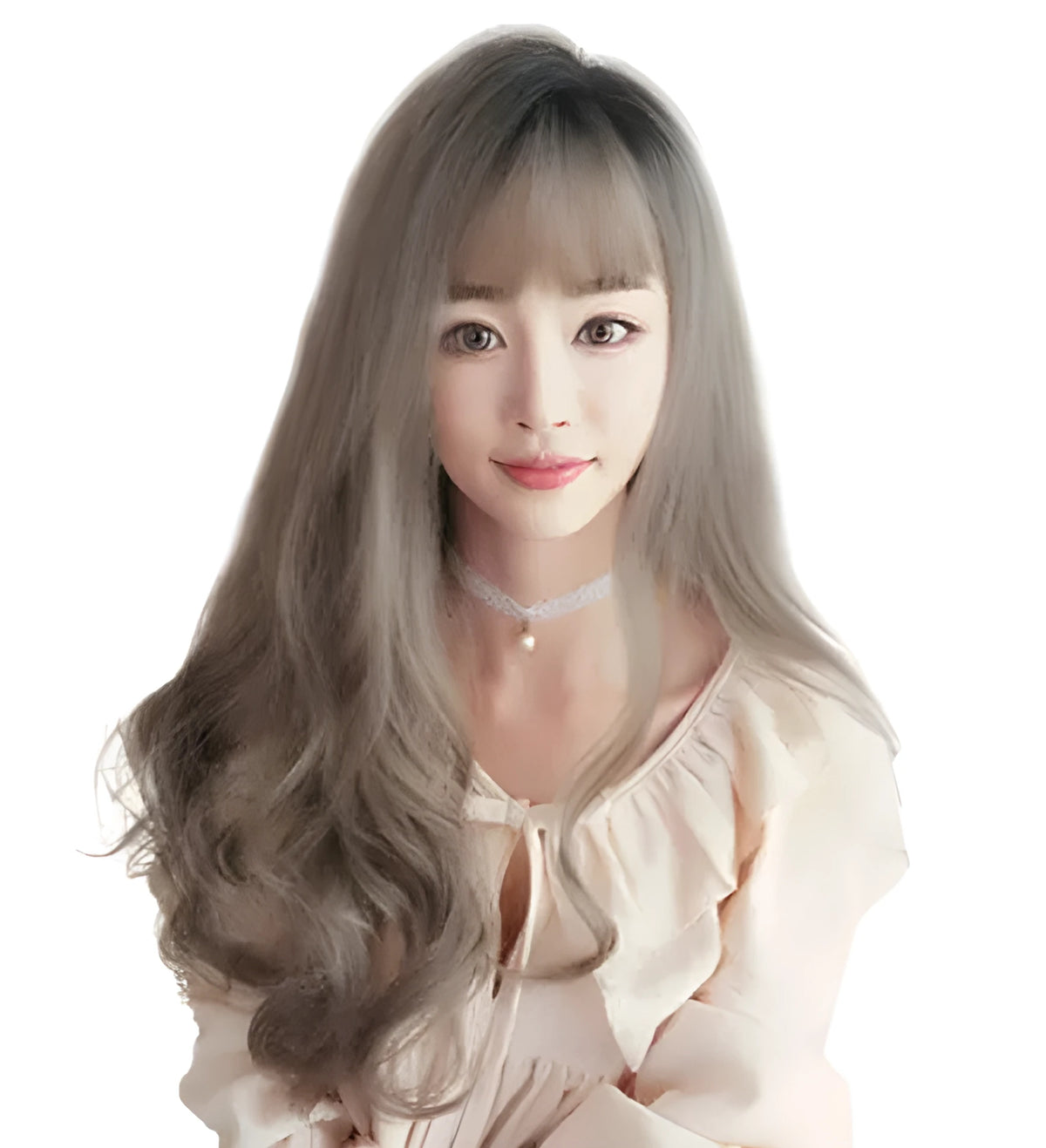 Long wavy curly wig with air bangs and pear flower detail, high temperature fibre, 62cm, for women