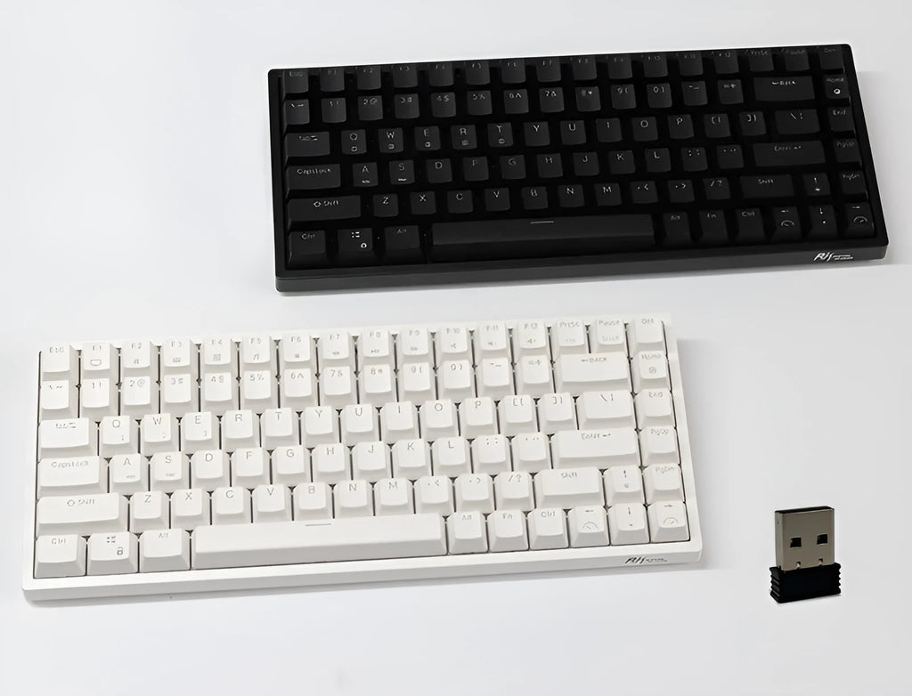84-key three-mode mechanical keyboard in white or black with hot-swappable sockets