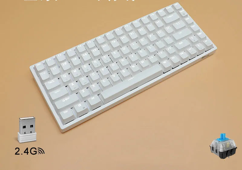 84-key three-mode mechanical keyboard in white or black with hot-swappable sockets