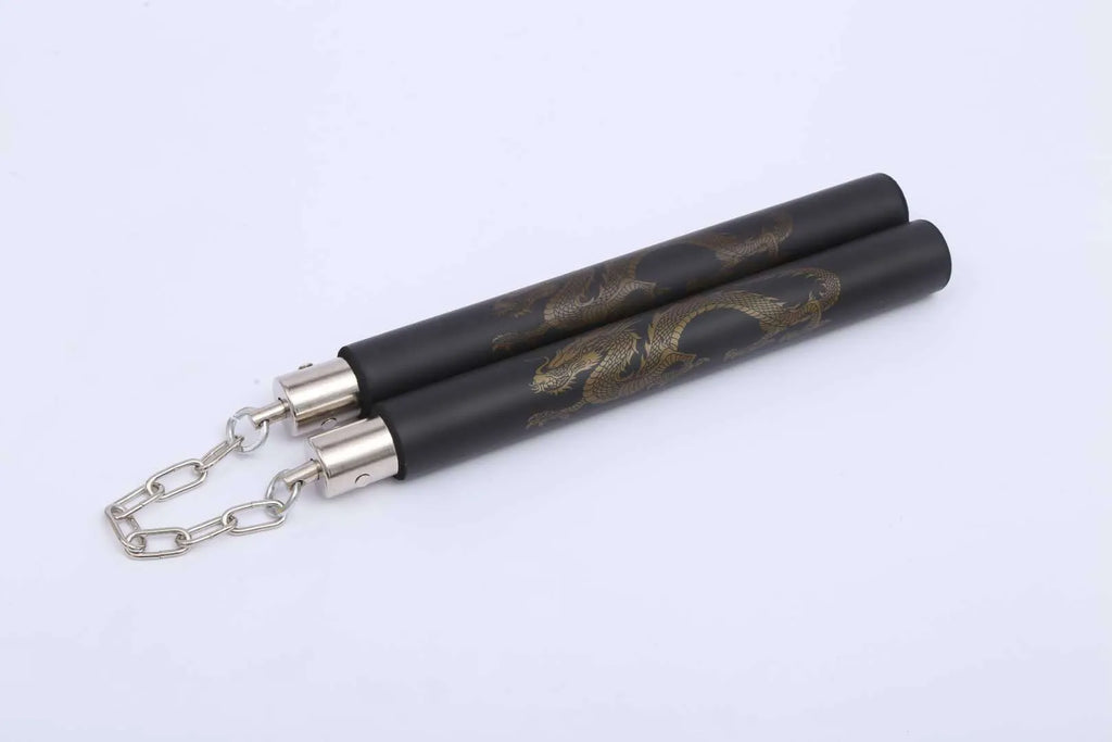 Red sponge nunchakus showing 28cm sticks connected by iron chain with EVA sponge covering for martial arts training
