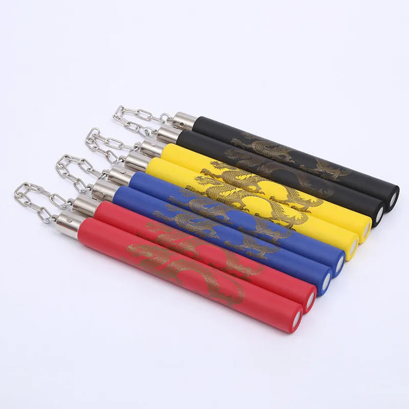 Red sponge nunchakus showing 28cm sticks connected by iron chain with EVA sponge covering for martial arts training