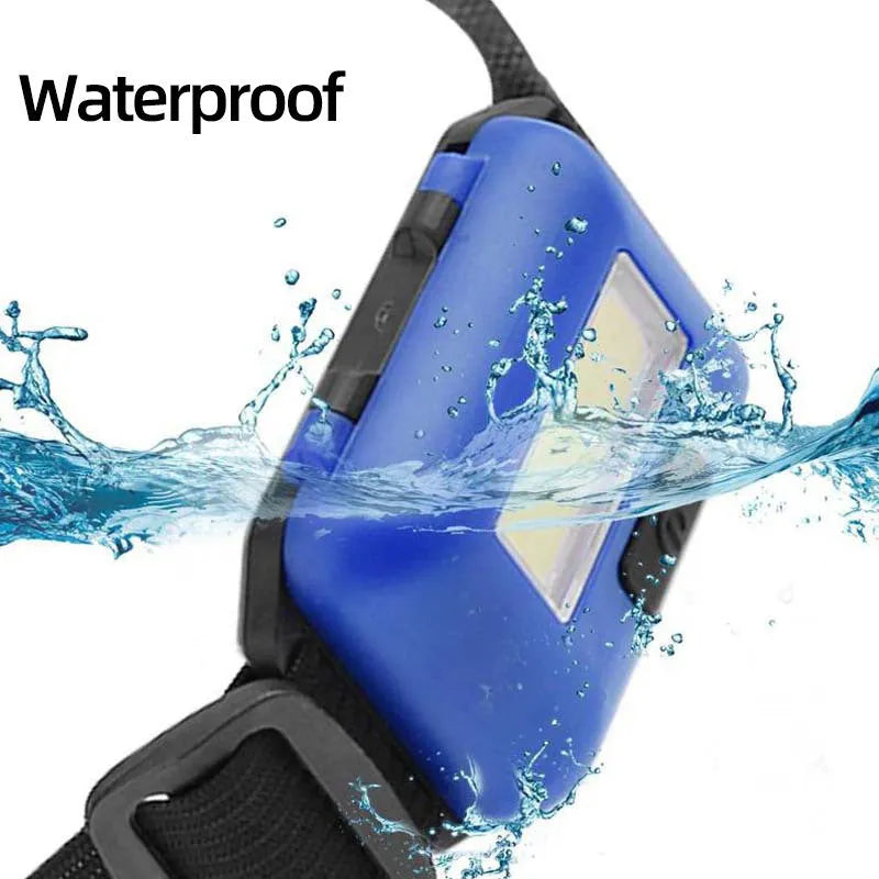 Outdoor mini COB LED headlight with polyester strap in black, blue, or red, showing compact size and lighting modes