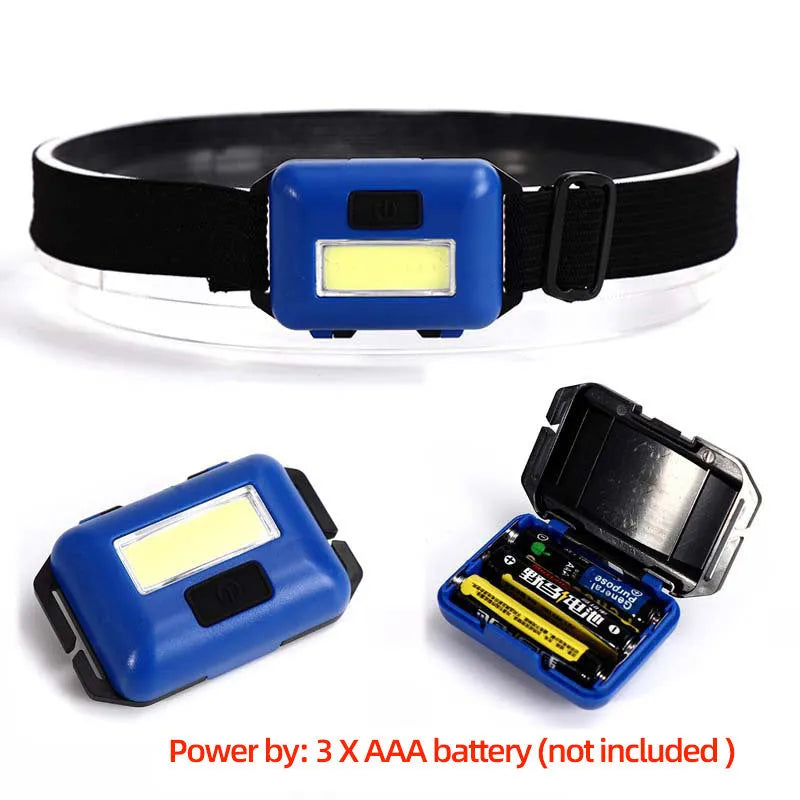 Outdoor mini COB LED headlight in blue, black, or red with adjustable polyester strap and 3W bulb