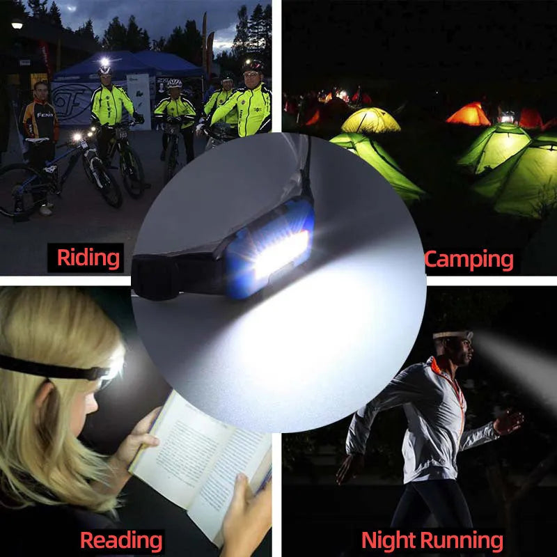 Outdoor mini COB LED headlight with polyester webbing strap, showing blue, black, and red colour options