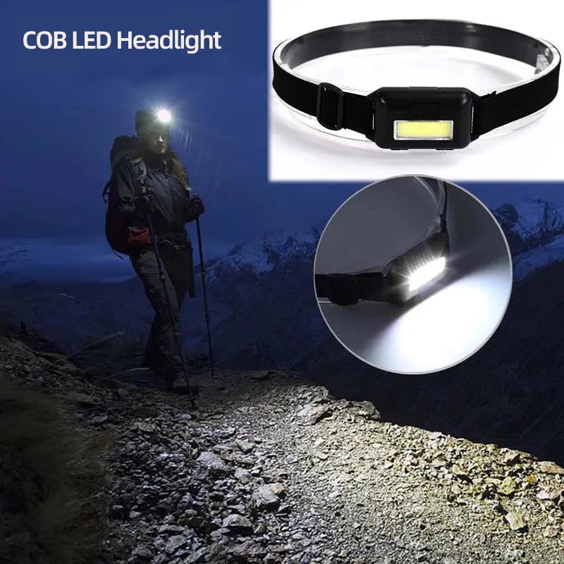 Outdoor mini COB LED headlight in blue, black, or red with adjustable polyester strap and 3W bulb