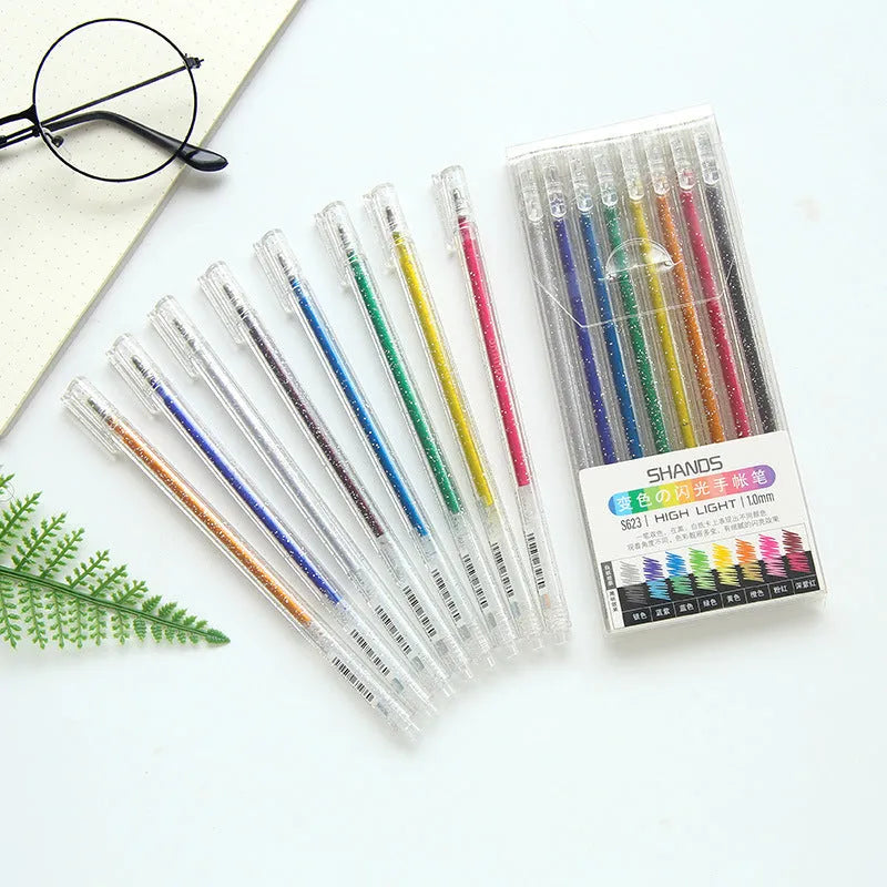 Eight colour changing flashing LED pens with plastic shells for office stationery use