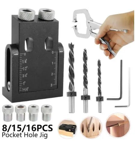Black aluminium alloy woodworking perforation locator tool with 15-degree angle guide and drill bits