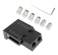 Black aluminium alloy woodworking perforation locator tool with 15-degree angle guide and drill bits