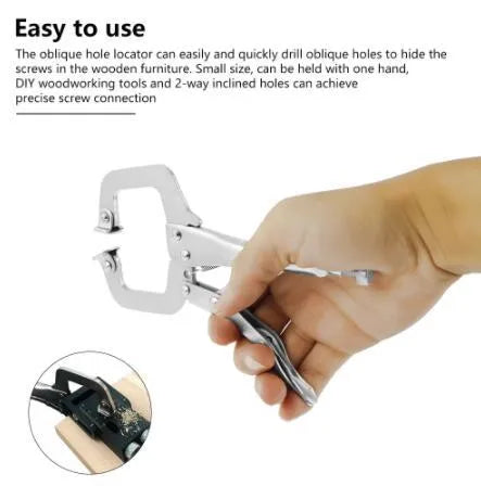 Black aluminium alloy woodworking perforation locator tool with 15-degree angle guide and drill bits