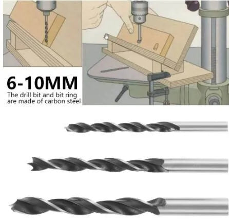 Black aluminium alloy woodworking perforation locator tool with 15-degree angle guide and drill bits