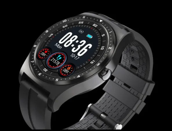 Black smart watch with zinc alloy case and silicone band displaying heart rate and sleep tracking on touchscreen