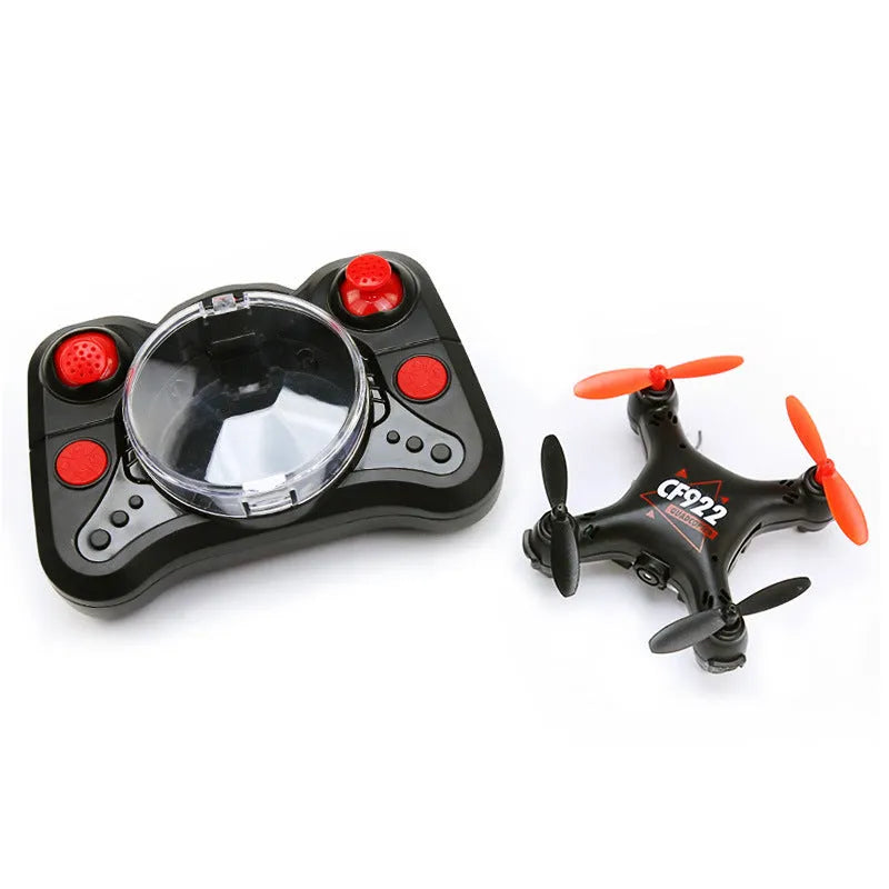 Compact remote control aircraft with fixed height function showing 360-degree roll capability and handle controller