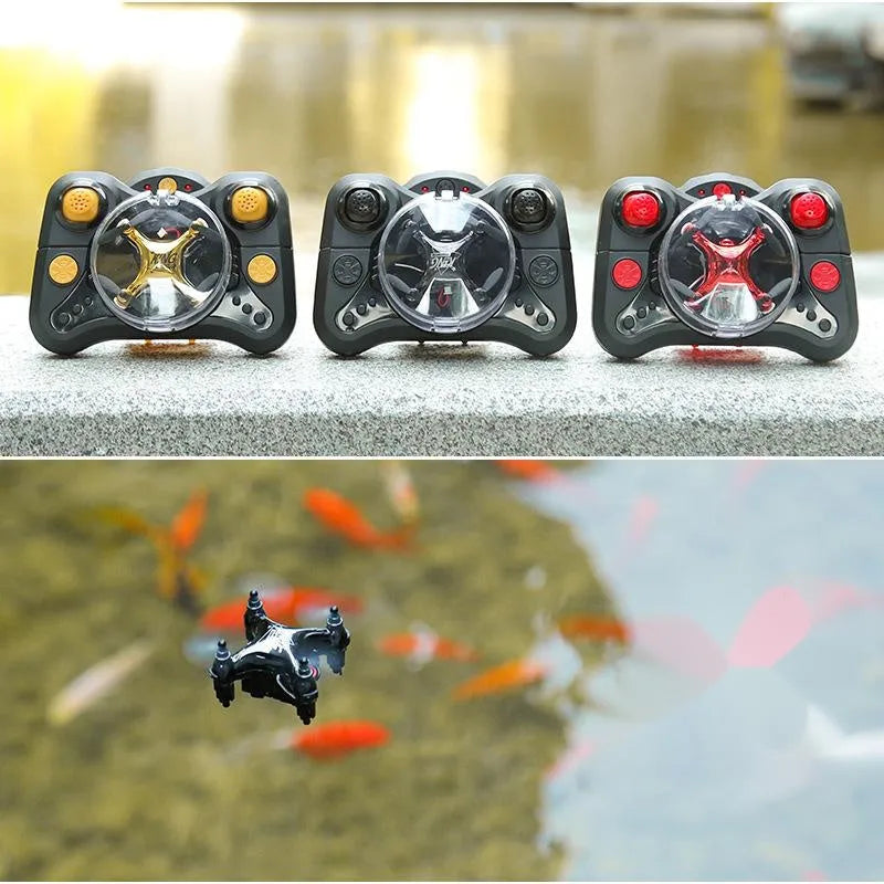 Compact remote control aircraft with fixed height function showing 360-degree roll capability and handle controller