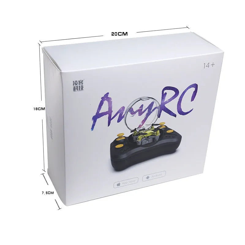 Compact remote control aircraft with fixed height function showing 360-degree roll capability and handle controller