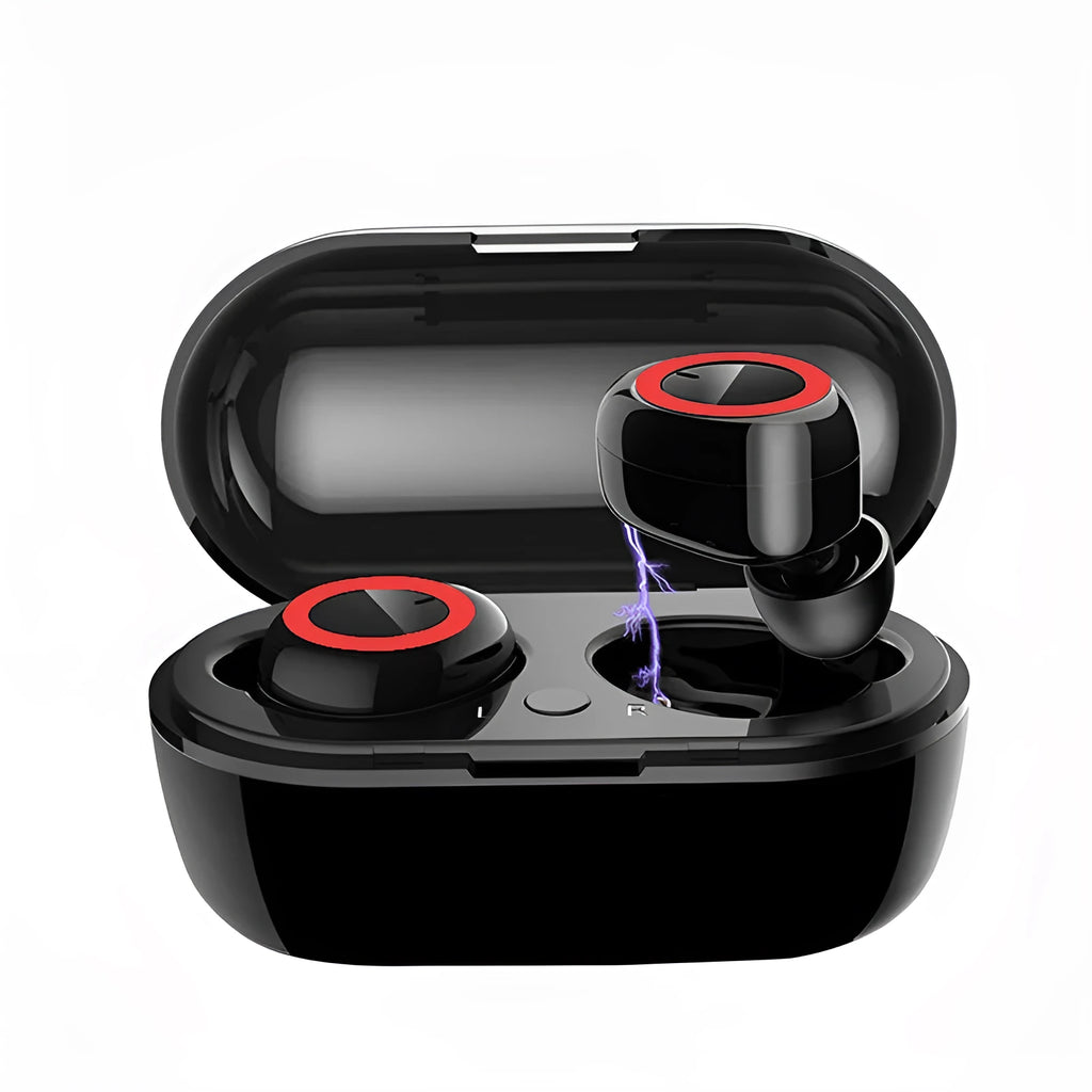 True wireless stereo Bluetooth earbuds in black and red colour, showing separate left and right earpieces.