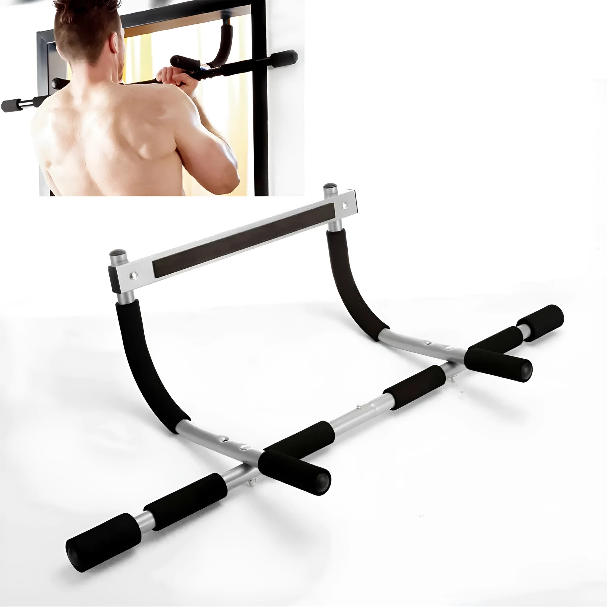 Black steel pull-up bar with tension bar for indoor fitness equipment