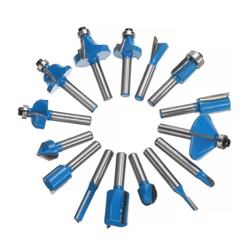 5-piece milling cutter set with multiple shank sizes for woodworking trimming machines
