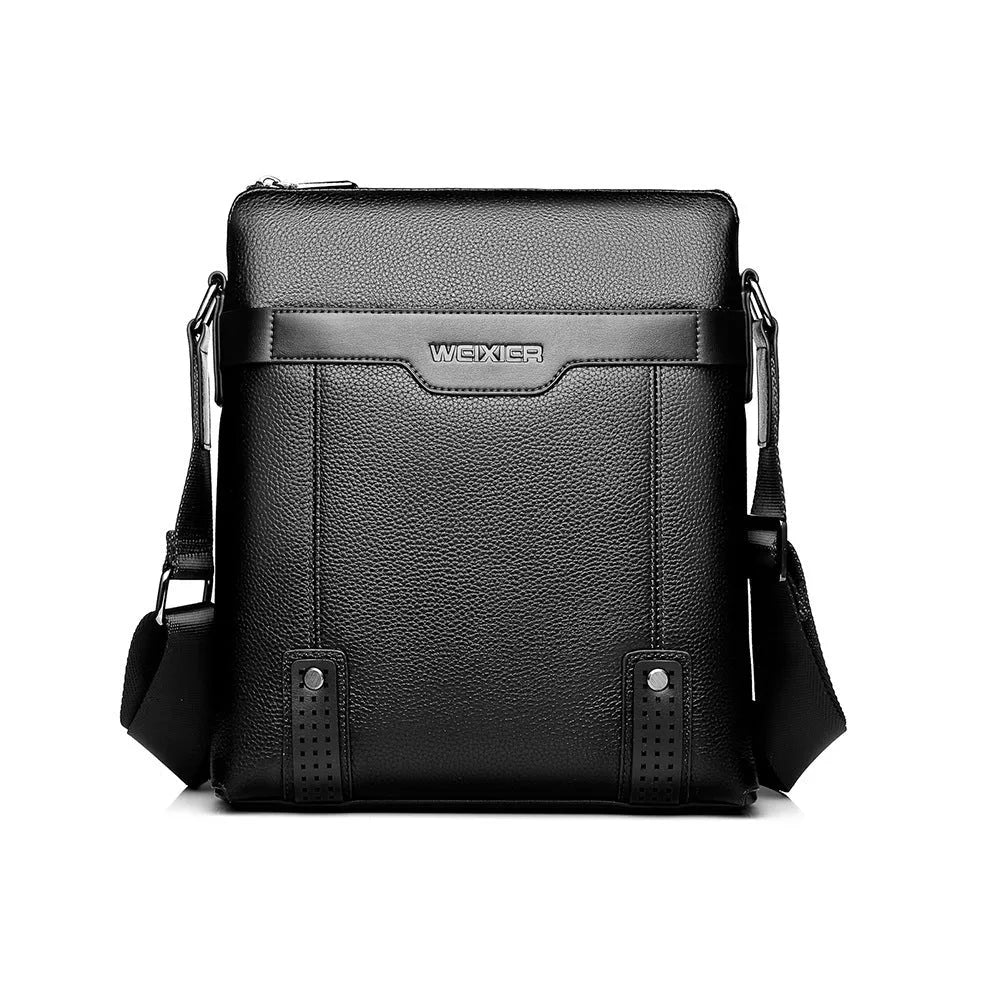 Men's black PU leather shoulder bag with zipper opening and single strap, showing 28x25x6cm dimensions