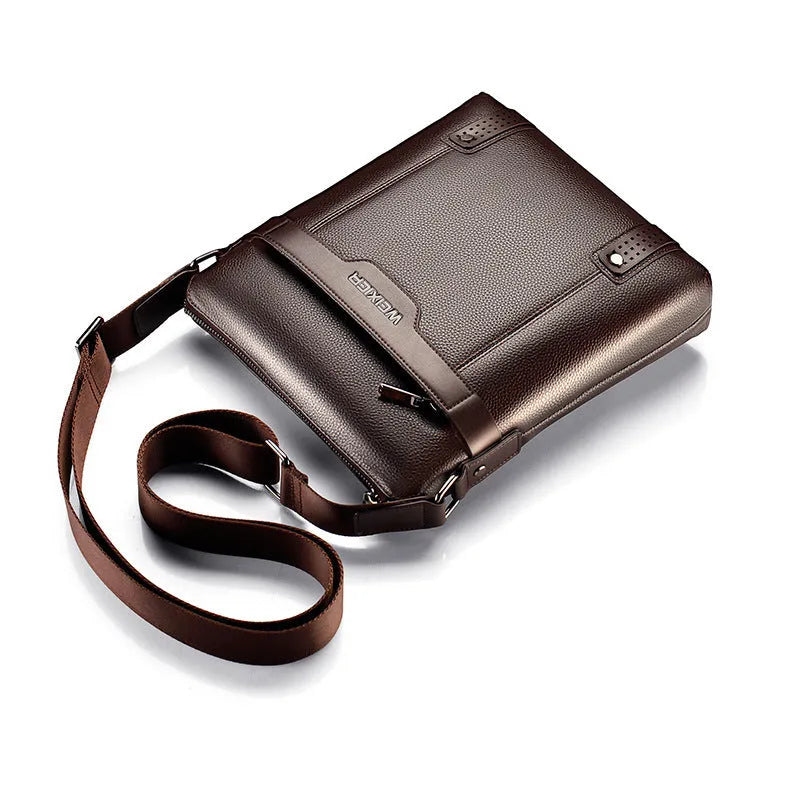 Men's black PU leather shoulder bag with zipper opening and single strap, showing 28x25x6cm dimensions
