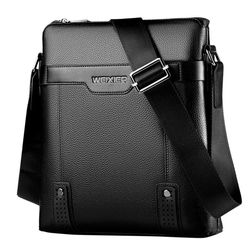 Men's black PU leather shoulder bag with zipper opening and single strap, showing 28x25x6cm dimensions
