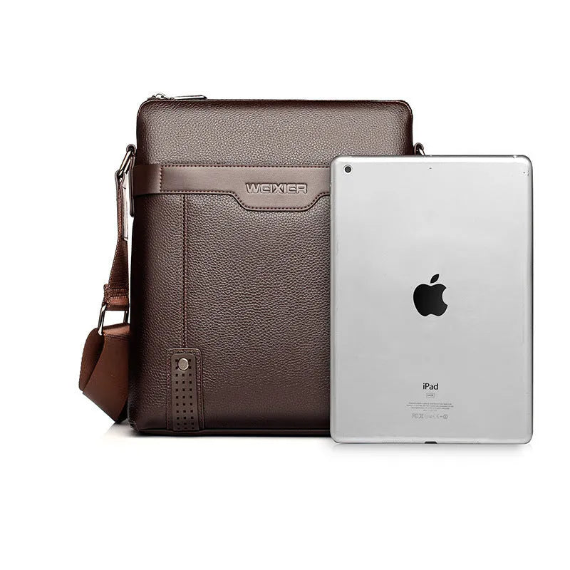 Men's black PU leather shoulder bag with zipper opening and single strap, showing 28x25x6cm dimensions