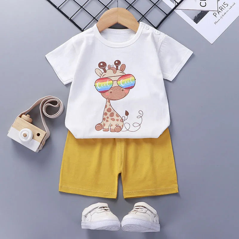 Children's short-sleeved cotton suit with top and shorts, plain pattern, sizes 73CM to 130CM, eight colours
