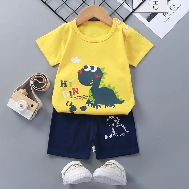 Children's short-sleeved cotton suit with top and shorts, plain pattern, sizes 73CM to 130CM, eight colours
