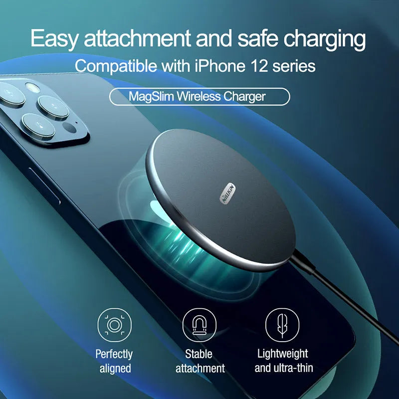 Black MagSlim NKT06 magnetic wireless charger for mobile phones on a flat surface.