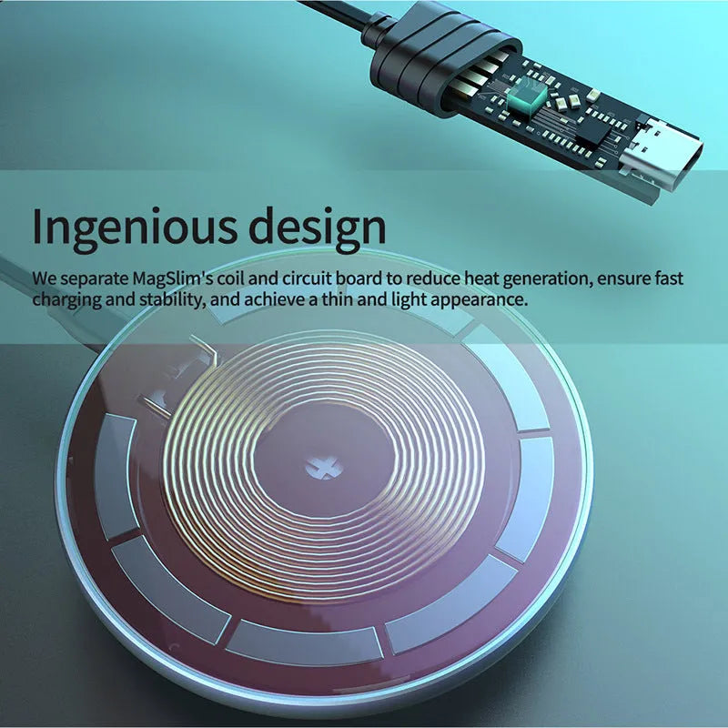 Black MagSlim NKT06 magnetic wireless charger for mobile phones on a flat surface.
