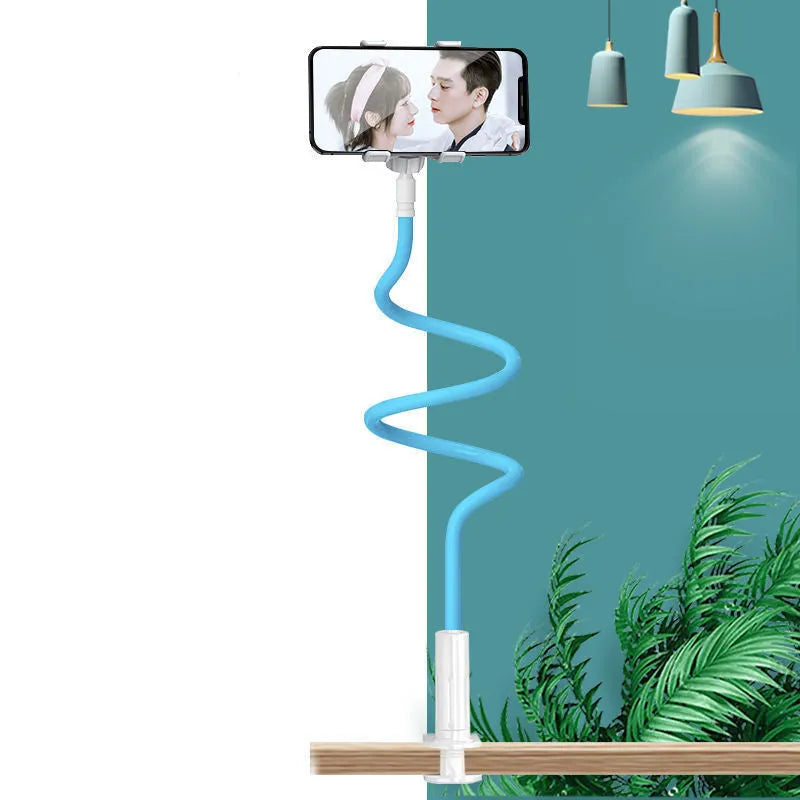 Mobile phone holder with memory alloy hose positioned for bedside viewing with tablet secured