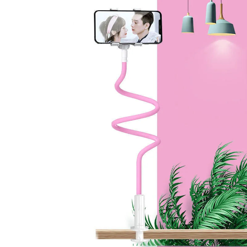Mobile phone holder with memory alloy hose positioned for bedside viewing with tablet secured