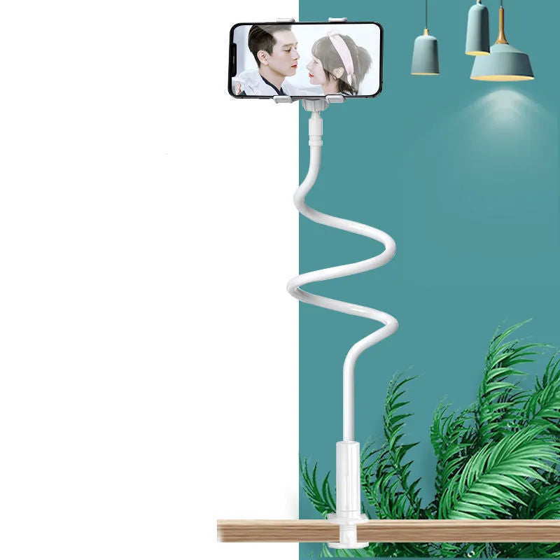 Mobile phone holder with memory alloy hose positioned for bedside viewing with tablet secured