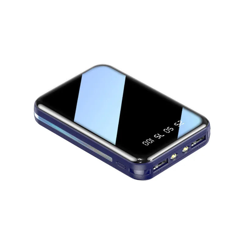 Compact white power bank with digital display showing battery percentage, measuring 94x63x24mm with USB charging ports