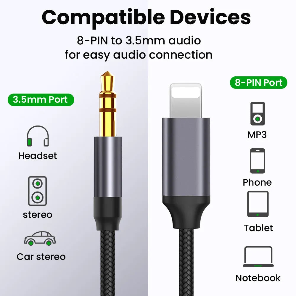 Black nylon braided 3.5mm car aux cable showing three length options for vehicle audio connection