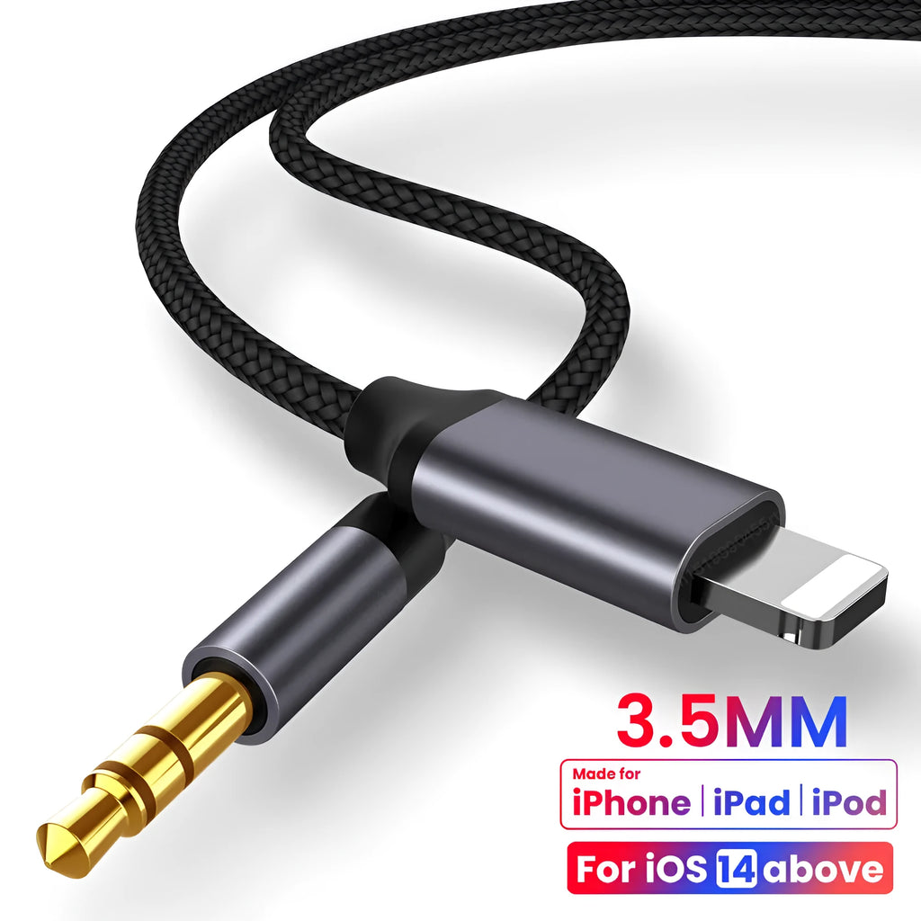 Black nylon braided 3.5mm car aux cable showing three length options for vehicle audio connection