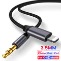 Black nylon braided 3.5mm car aux cable showing three length options for vehicle audio connection