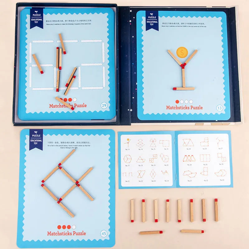 Montessori wooden educational toy with matchsticks and question cards for children's puzzle solving.