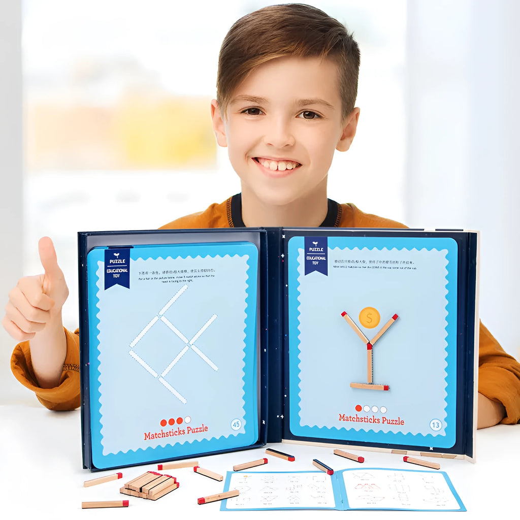 Montessori wooden educational toy with matchsticks and question cards for children's puzzle solving.