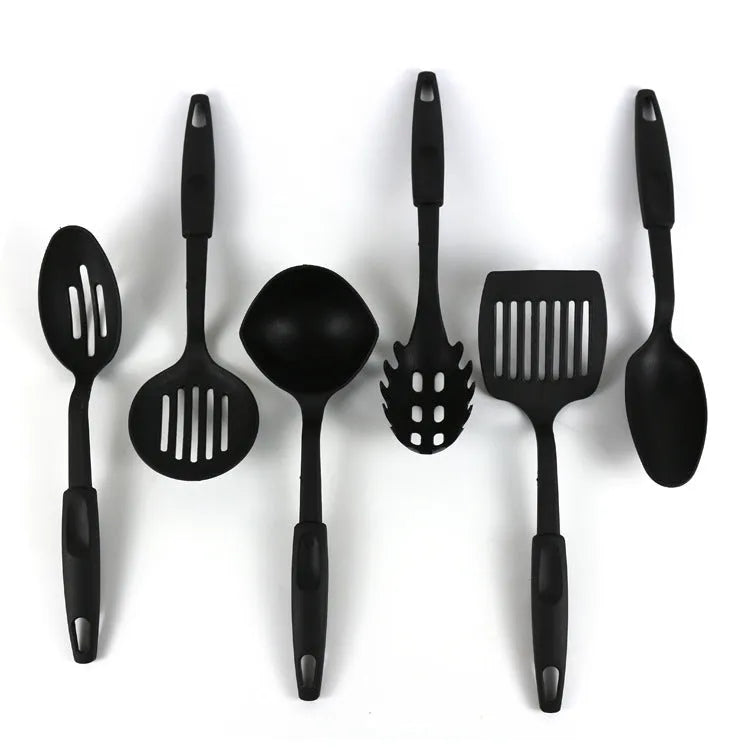 Ke Yang black rubber kitchen utensil set with spoons and shovels for non-stick pans.