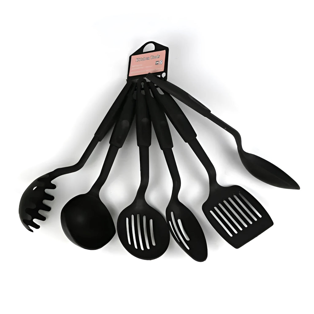 Ke Yang black rubber kitchen utensil set with spoons and shovels for non-stick pans.