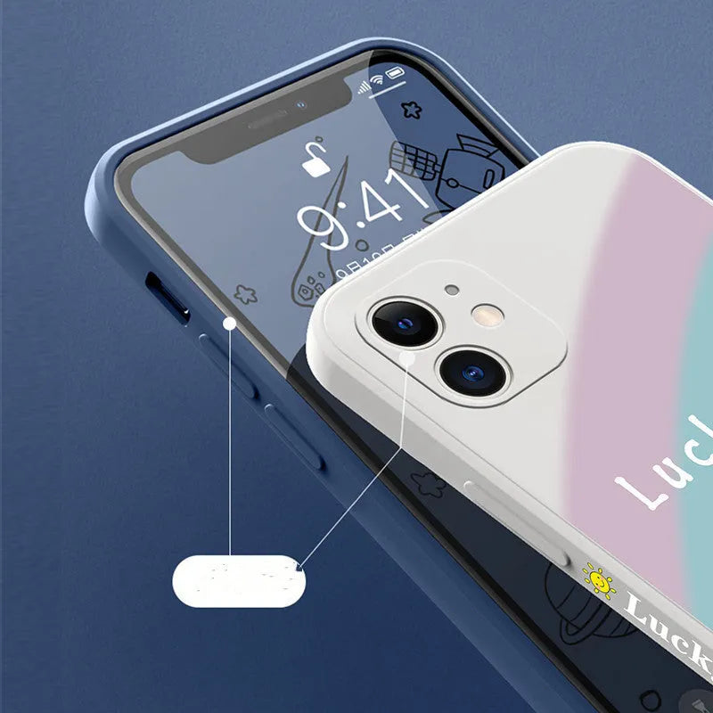 Rainbow smiley face printed on a colourful silicone phone case for iPhone, showing straight-edge design.