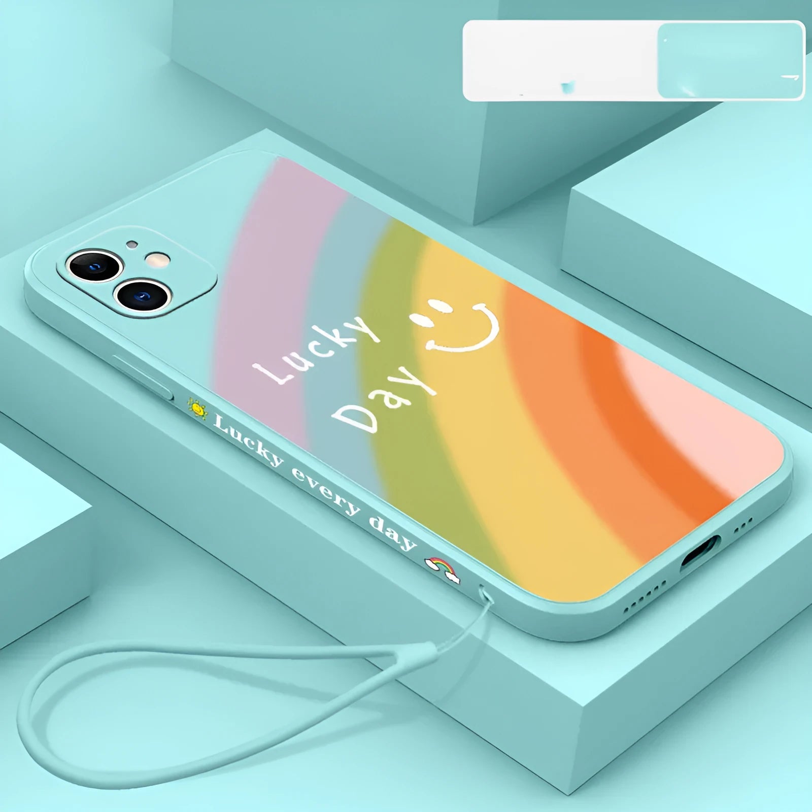 Rainbow smiley face printed on a colourful silicone phone case for iPhone, showing straight-edge design.