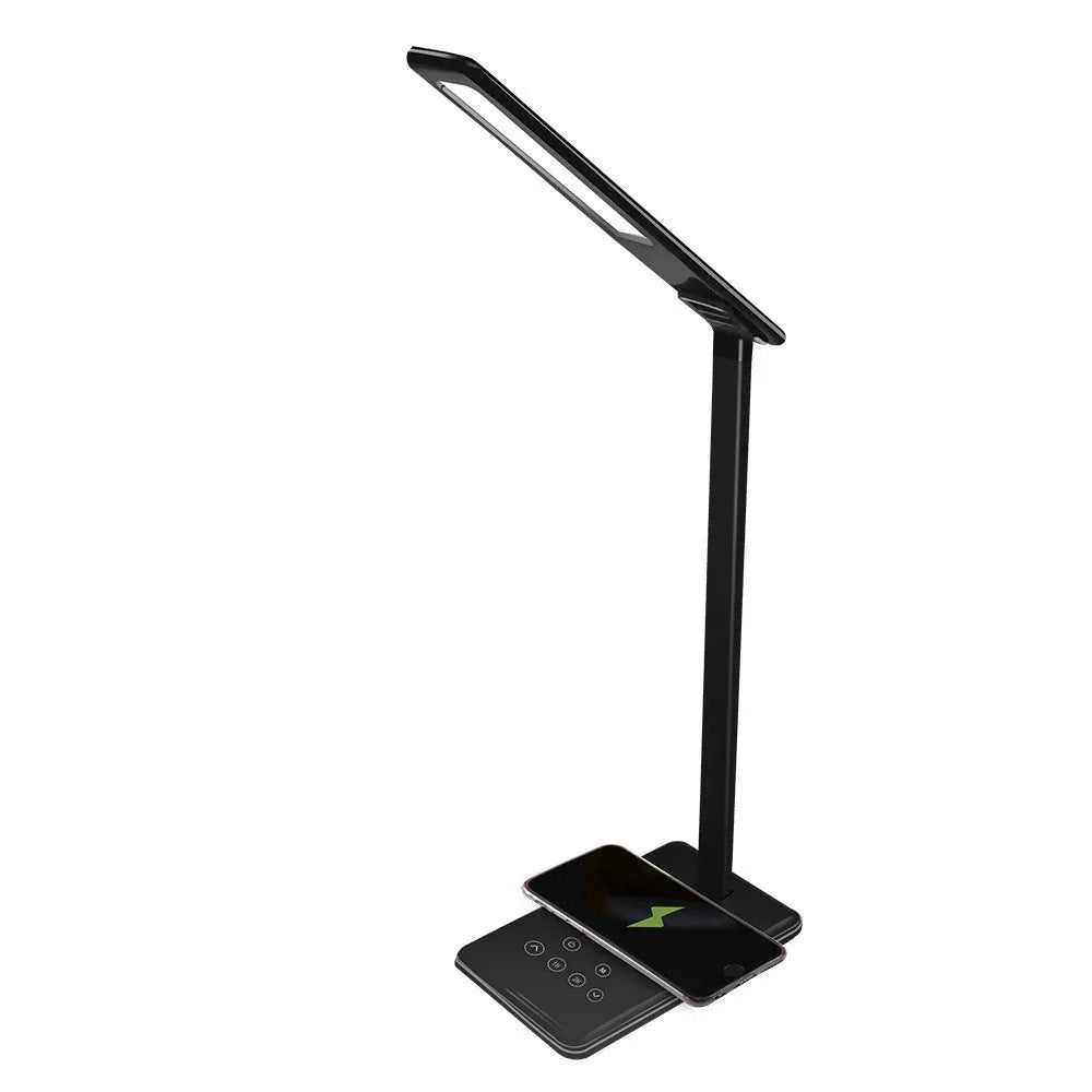 Black or white wireless charging desk lamp with touch control and USB power cable.
