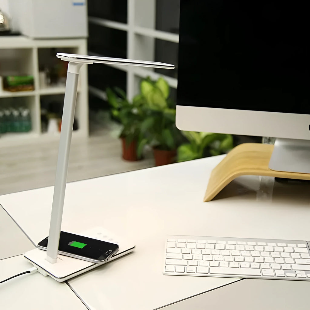 Black or white wireless charging desk lamp with touch control and USB power cable.