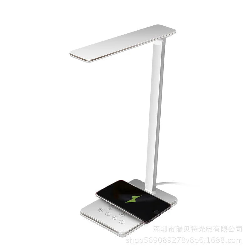 Black or white wireless charging desk lamp with touch control and USB power cable.