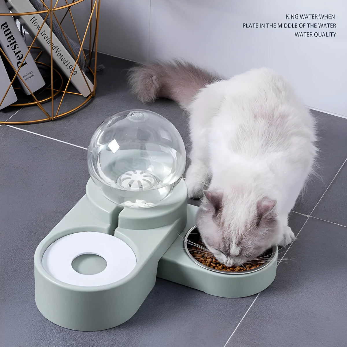 Double-layer pet feeding bowl with 1.8L automatic water dispenser in pink or blue, size L47 x W16 x H23cm