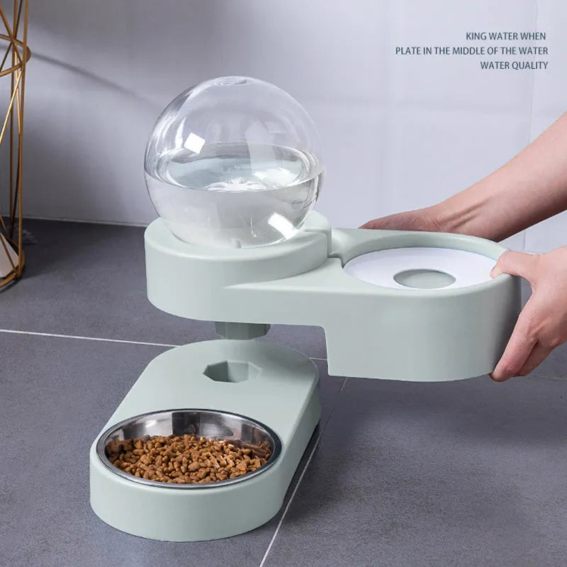 Double-layer pet feeding bowl with 1.8L automatic water dispenser in pink or blue, size L47 x W16 x H23cm