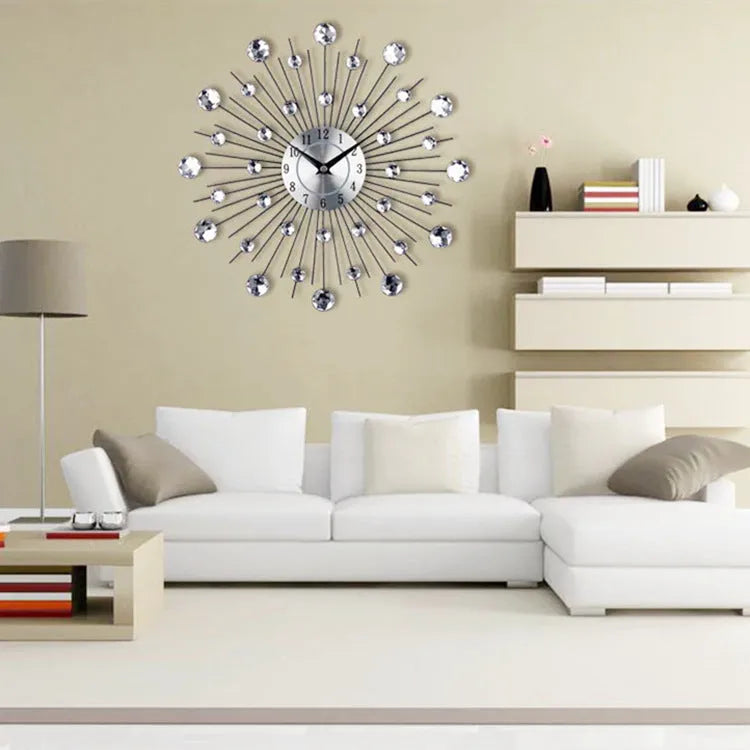 Silver round wall clock with 33cm diameter showing pointer and number display on aluminium dial