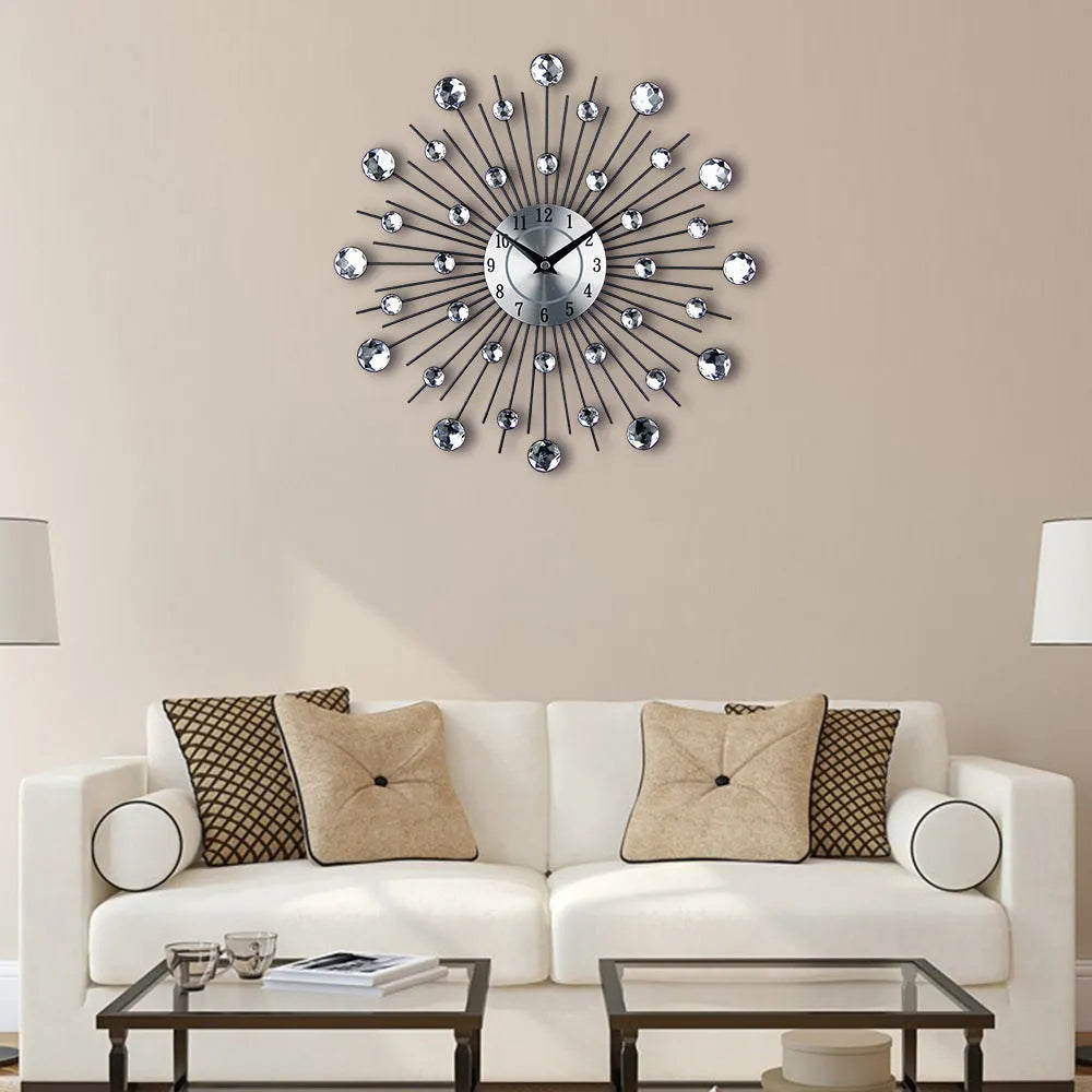 Silver round wall clock with 33cm diameter showing pointer and number display on aluminium dial